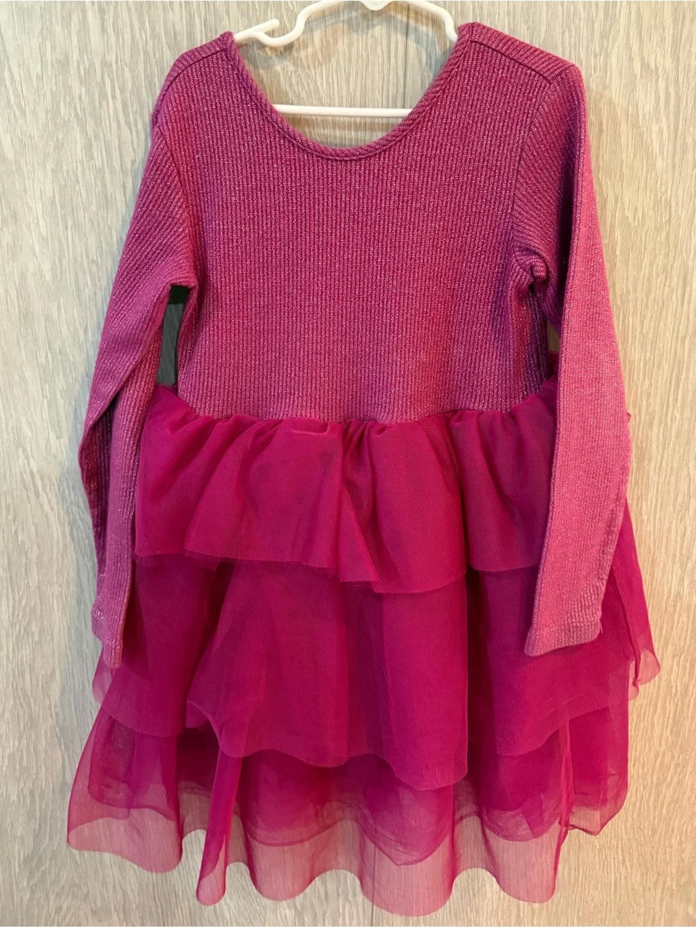 Hanna Andersson Magenta Long Sleeve Tulle Tiered Knit Cotton Sparkle Dress 8 - Picture 4 of 7
